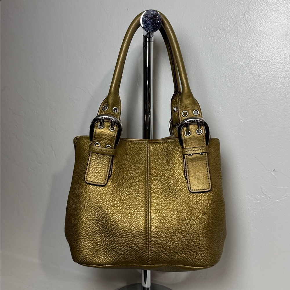 Tignanello metallic gold leather handbag with buckle straps